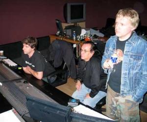 (LtoR) Andy Hay, Sergio Reyes and Paul Stanley mixing "Thieves and Liars"